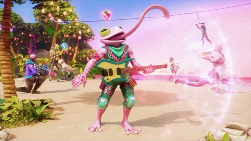 A frog character playing guitar in a beach battle