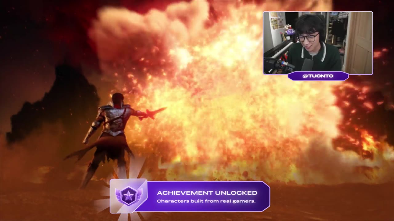 A creator-built character fighting a fire boss, with the creator on stream